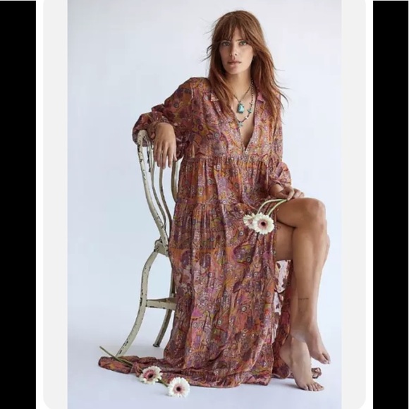 NWT Free People Paisley Chiffon Maxi Dress Silk Blend Small - Picture 2 of 15